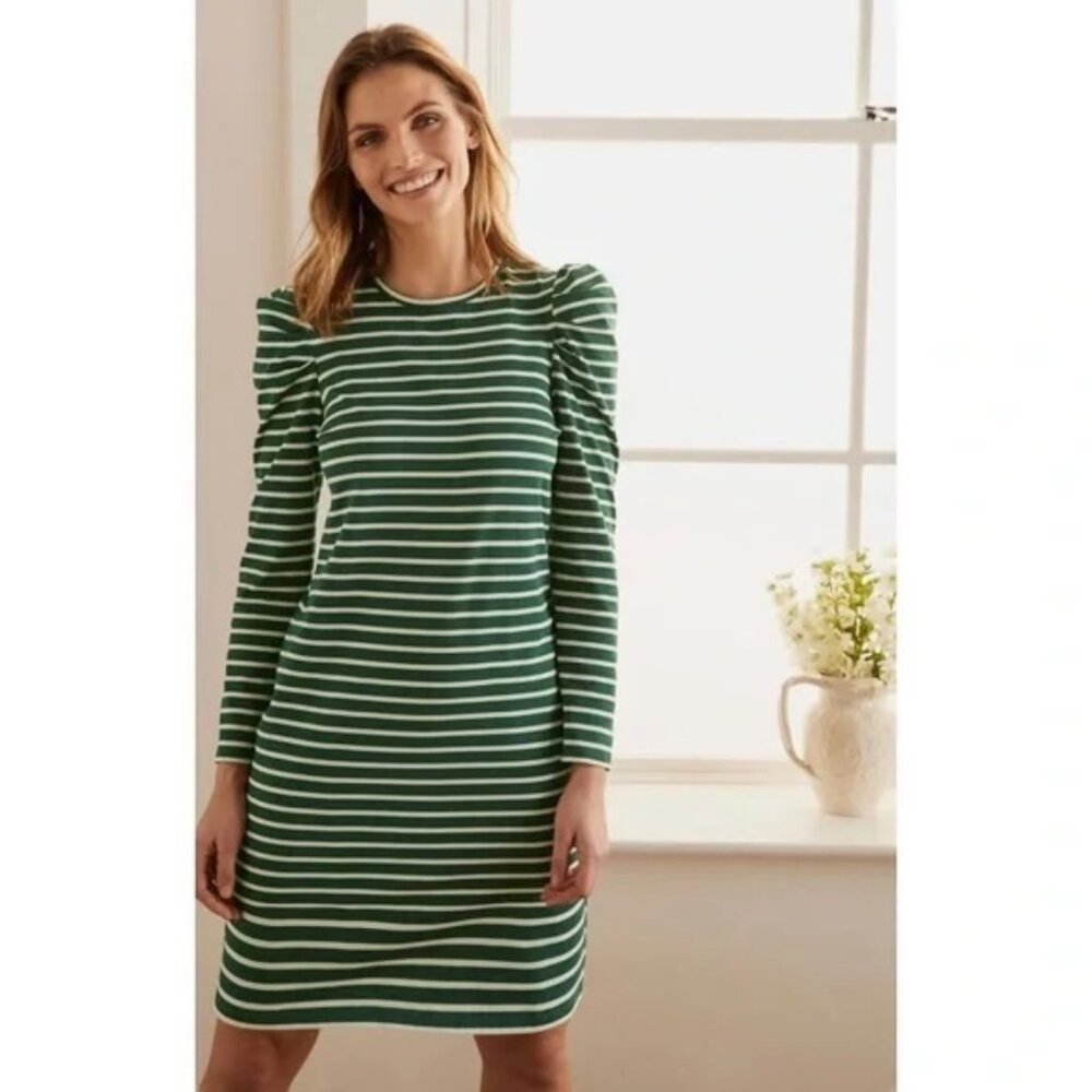 Boden Green and White Striped Dress